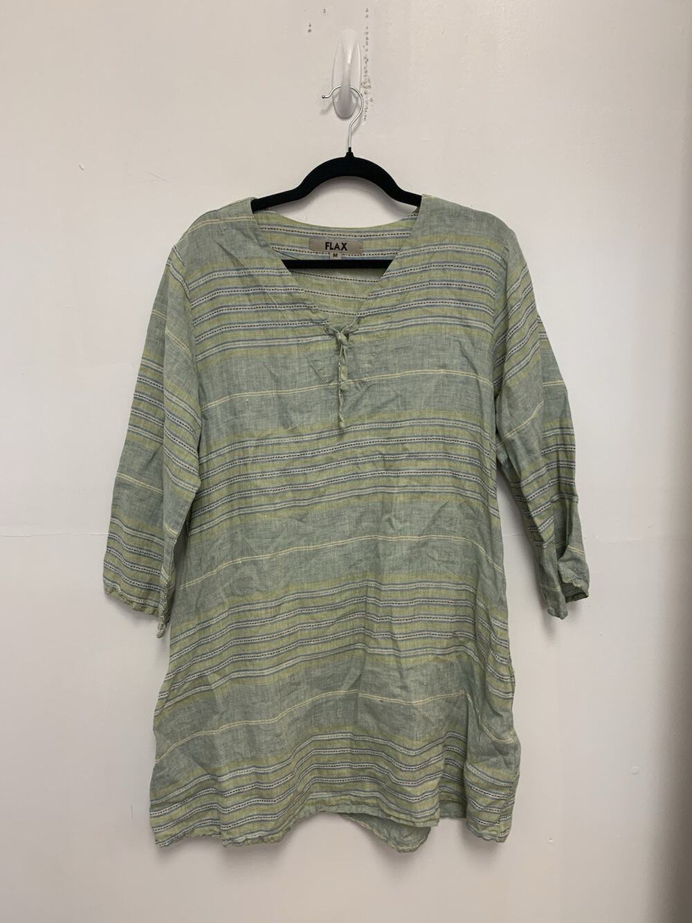 FLAX Womens Size M Tunic/Dress Striped Linen Long Sleeve Bohemian Beach Resort